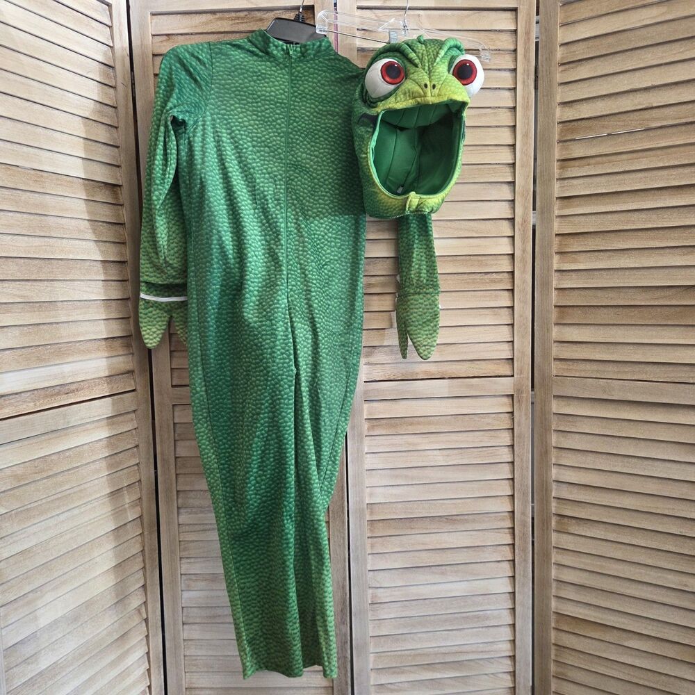 Disney Tangled Pascal Costume Kids M Chameleon Jumpsuit Hood Foot Covers Lizard
